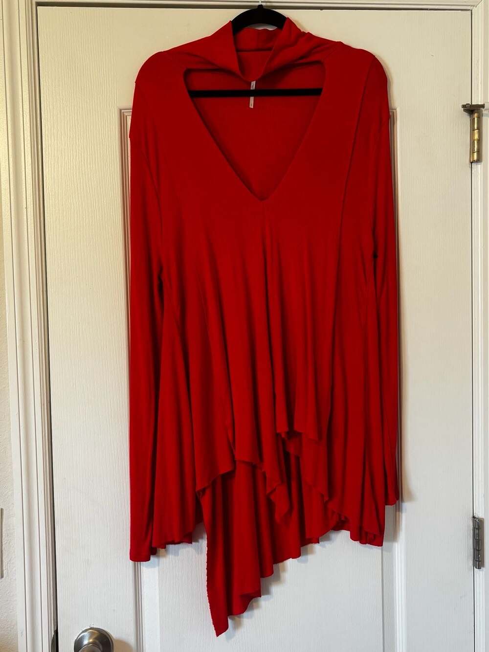 Free People Red Ribbed Asymmetrical Long Sleeve Top Size Large